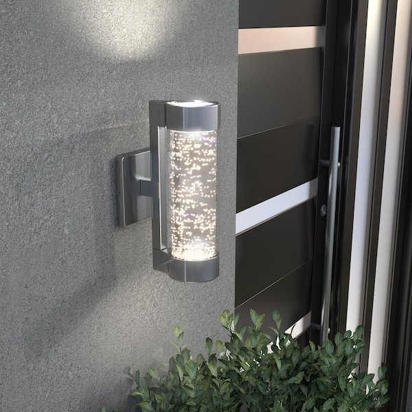 Ansel Stainless Steel Modern Bubble Glass Integrated LED Outdoor Hardwired Garage and Porch Light Cylinder Sconce