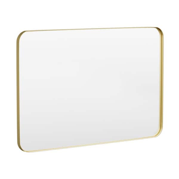 48 in. W x 32 in. H Tempered Glass Rounded Rectangle Framed Wall-Mounted Bathroom Vanity Mirror in Gold