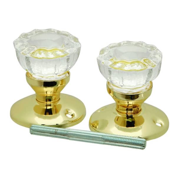 First Watch Security Polished Brass Glass Knob Set with Rosettes and Spindle