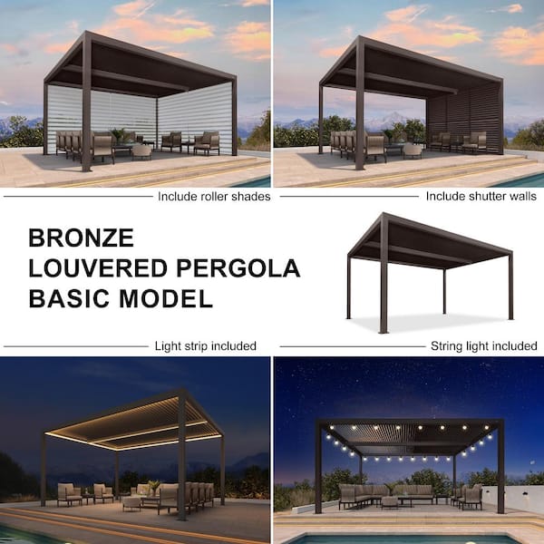 12 ft. x 16 ft. Bronze Aluminum Frame Patio Hardtop Louvered Pergola with Adjustable Sunshade Roofs and In-Built Gutter