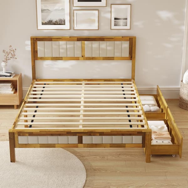 Brown Acacia Wood Frame Queen Panel Bed with Underbed Storage Drawers
