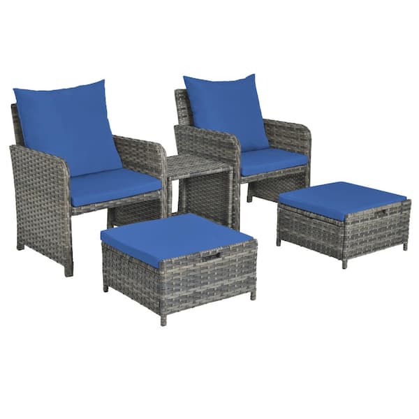Uixe 5-Piece Outdoor Brown Rattan Wicker Patio Conversation Sofa Ottoman & Table Set with Blue Cushions