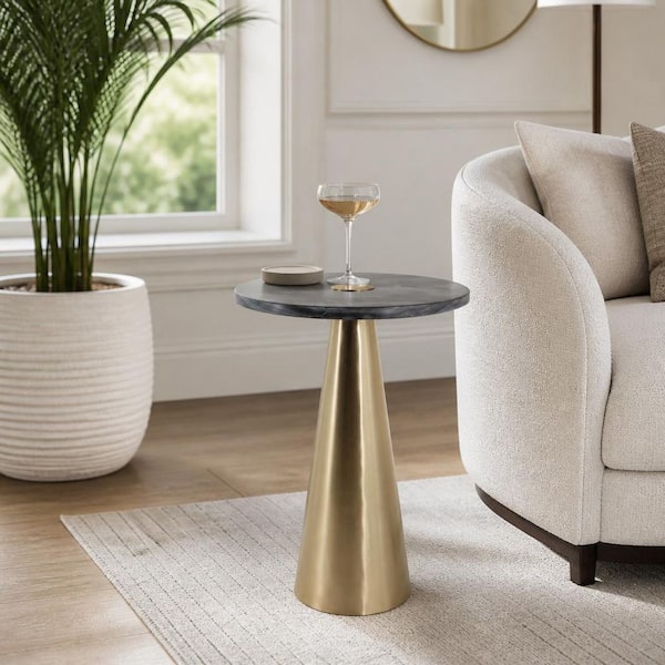16 in. Black Round Marble Modern Cone Base Top End Table
