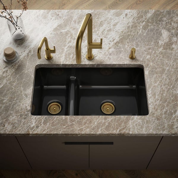 Iron/Tones 33 in. Drop-in/Undermount Double Bowl Black Cast Iron Kitchen Sink