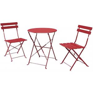 Red 3-Piece Steel All-Weather Outdoor Foldable Metal Frame 2-Person Bistro Set