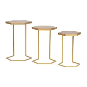 Rhine 18 in. Natural and Gold C-Shaped Hexagon Wood Nesting Tables 3-Pieces