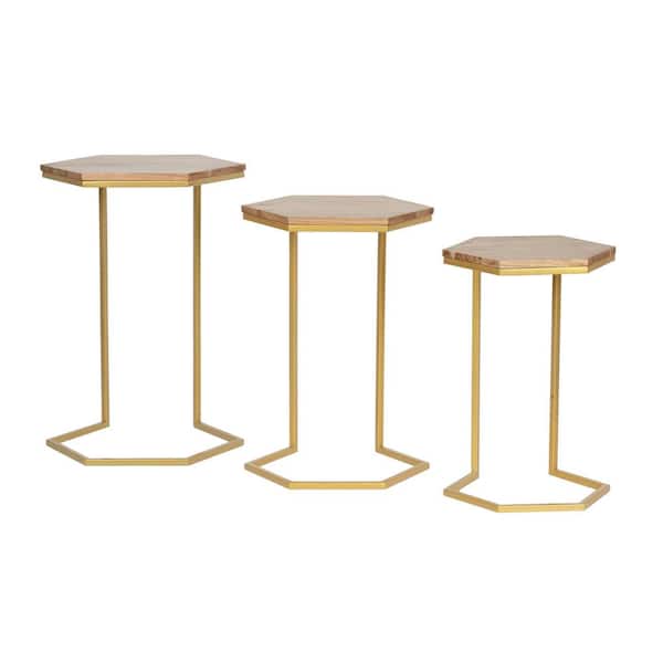 Noble House Rhine 18 in. Natural and Gold C-Shaped Hexagon Wood Nesting Tables 3-Pieces