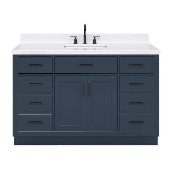 Hepburn 54 in. W x 22 in. D x 36 in. H Single Sink Freestanding Bath Vanity in Midnight Blue with Carrara Qt. Top