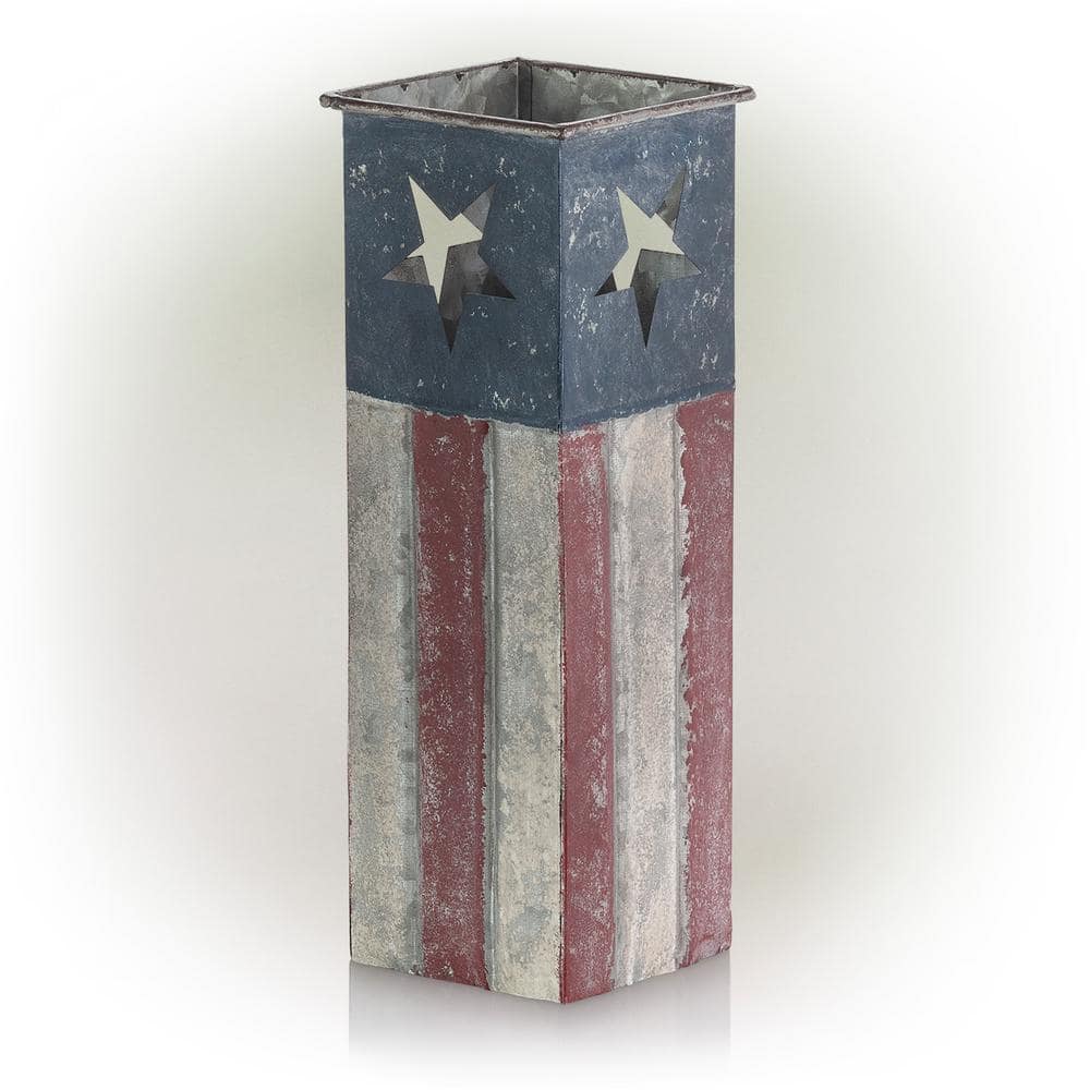 12 in. Tall Indoor/Outdoor Rustic Metal American Flag Decorative Planter, S