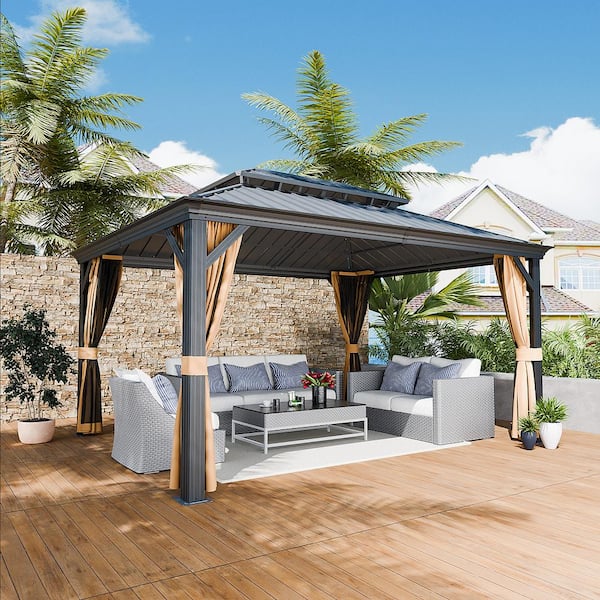INMITOM 12 ft. x 16 ft. Metal Gazebo With Dual Roof, Mosquito Netting and Curtains