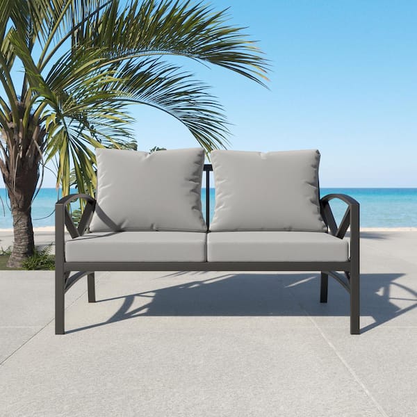 AUTMOON Black Metal Outdoor Loveseat Sofa Chair with Gray Cushions