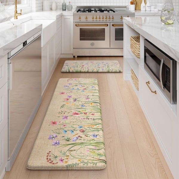 Brown 17 in. x 47 in. +17 in. x 29 in. Floral Indoor Kitchen Rugs Sets of 2