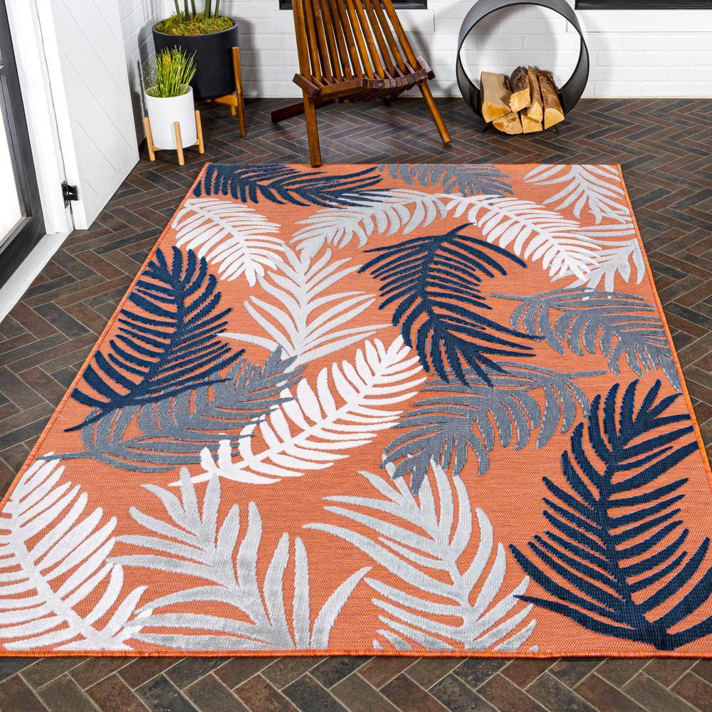 Montego Tropical Palm Orange Navy Ivory 3' x 5' Synthetic Area Rug