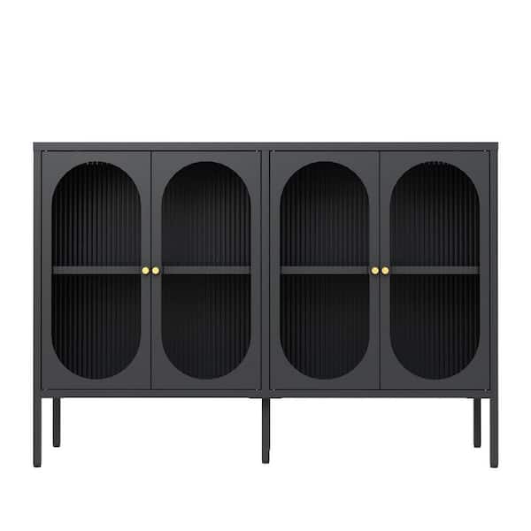 Kitchen Storage Cabinet with 4 Glass Door, Steel Locker Sideboard Cabinet, Coffee Bar Cabinet for Living Room, Black
