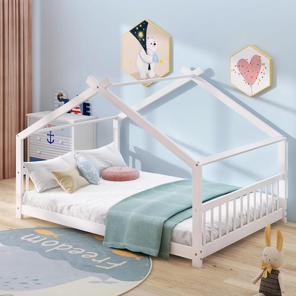 Harper & Bright Designs White Low Full Size Wood House Bed QMY031AAK-F ...