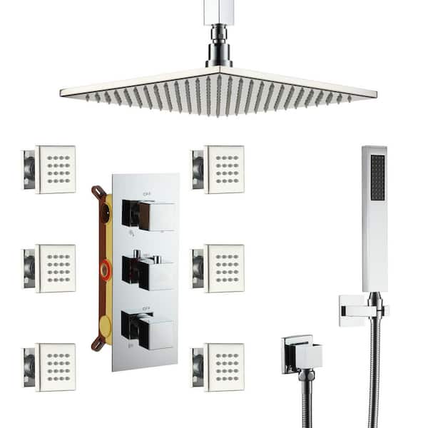 Boyel Living 1-Spray 12 in. LED Thermostatic Dual Shower Head and Handheld Shower Head Ceiling Mount 2.5 GPM with Jets in Chrome