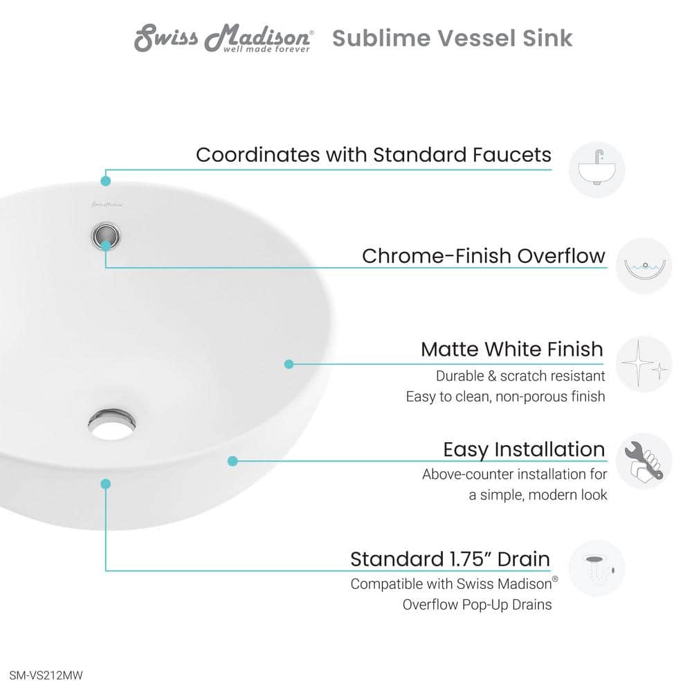 Matte White Ceramic Round Above-Counter Vessel Sink