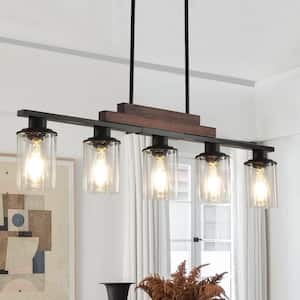 5-Light Walnut Grain Farmhouse Pendant Light Chandelier with Clear Glass Shades with No Bulbs Included