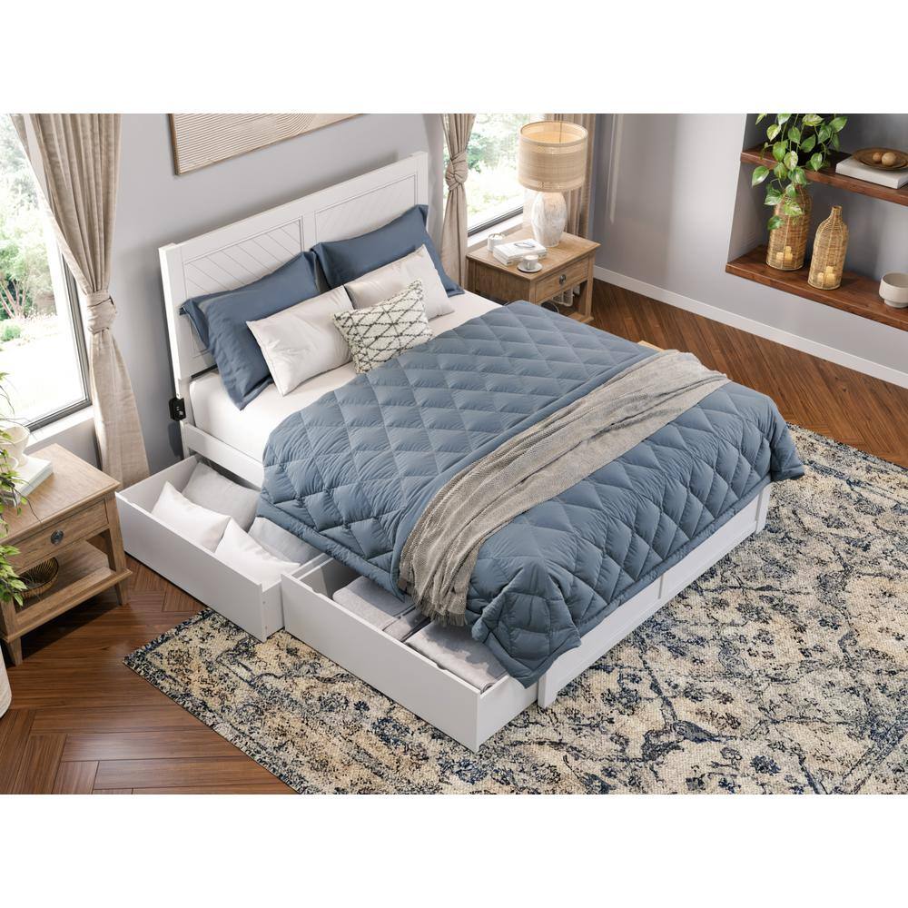 White Full Size Wood Platform Bed with Storage Drawers