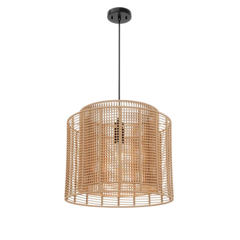 17.12 in. 1-Light Hand Woven Rattan Bohemian Chandelier Handmade Hanging Ce
