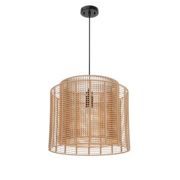 aiwen 17.12 in. 1-Light Hand Woven Rattan Bohemian Chandelier Handmade Hanging Ceiling Light Lampshade