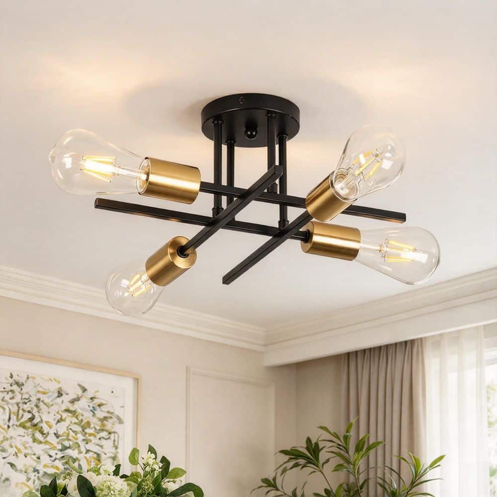 TOZING 16 in. 4-Light Modern Sputnik Linear Black Gold Matte