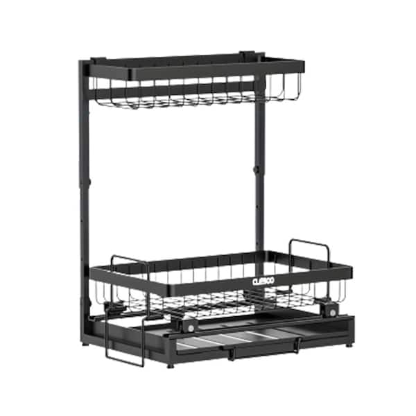Anqtovp 2-Tier Black Metal Under Sink Storage Basket Organizer with Slide-Out and L-Shape Design for Kitchen and Bathroom 1-Pack