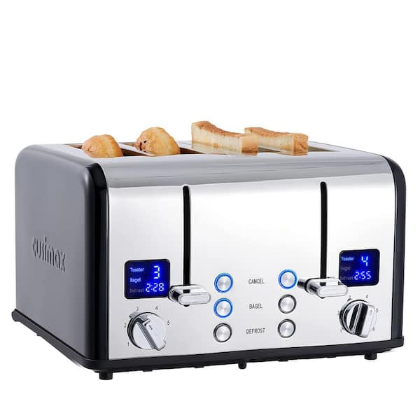 4-Slice Black Stainless Steel Wide Slot Toaster with 6 Shade Settings, Ultra-Clear LED Display, Dual Control Panels
