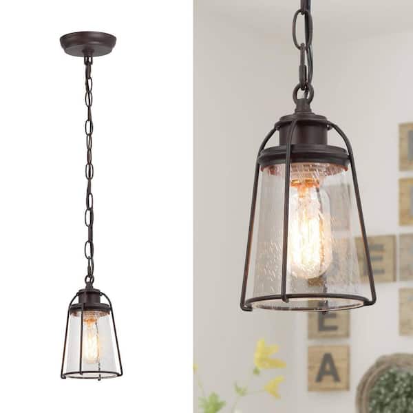 Farmhouse Black Kitchen Pendant Light, Maya 1-Light Modern Industrial Bronze Pendant Light with Caged Seeded Glass Shade