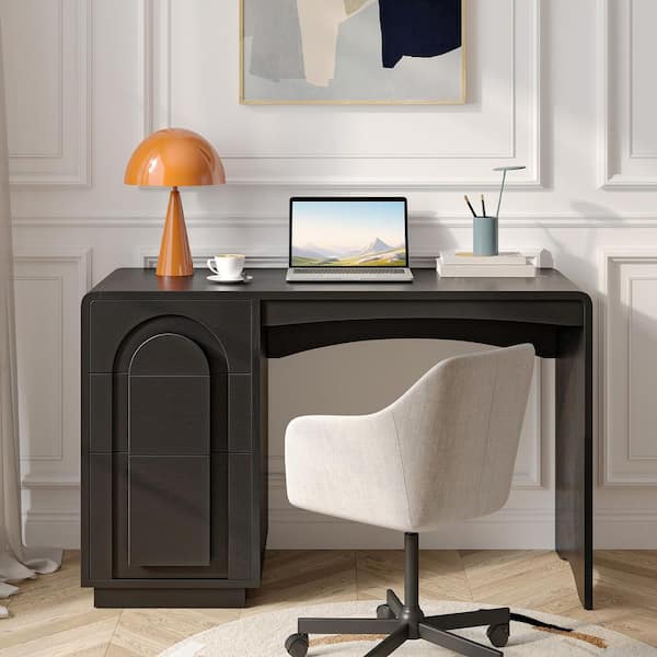 47 in. Black Writing Desk with Arched Accents, 3-Drawer Office Desk with File Storage and Curved Waterfall Edge