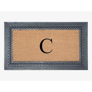 A1HC Square Geometric Black/Beige 24 in. x 39 in. Rubber and Coir Heavy Duty Easy to Clean Monogrammed C Door Mat
