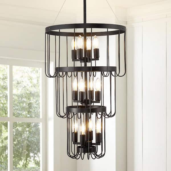 3-Tier 12-Light Modern Black Round Chandelier with E12 Bulb No Bulbs Included)
