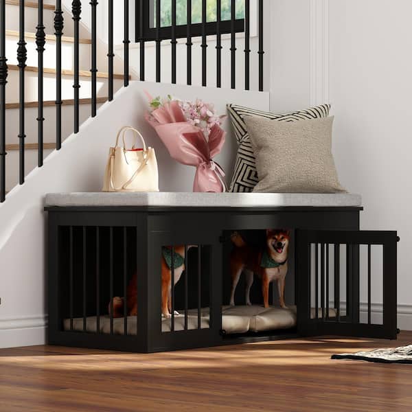 Large Furniture Style Bed End Bench Dog Crate, Wooden Dog Pens Entryway Bench for Living Room Bedroom Entryway, Black