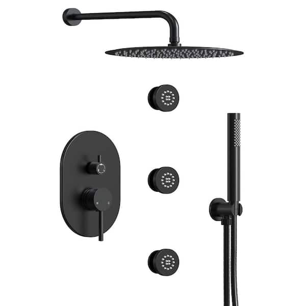 3-Spray 12 in. Round Wall Mount Dual and Handheld Shower Head 2.5 GPM in Matte Black (Valve Included)