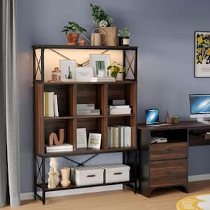 63.78 in. Tall Brown Particle Board Industrial Style 5-Shelf LED Accent Bookcase with Cube