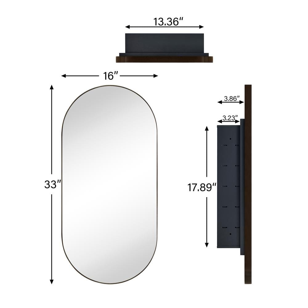 Oval Matte Black Metal Framed Medicine Cabinet with Mirror