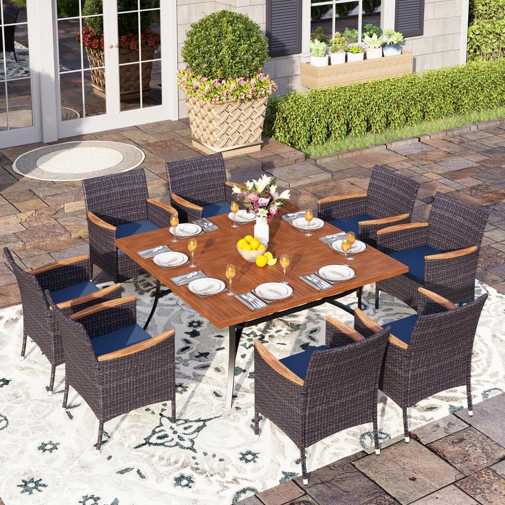 PHI VILLA 9-Piece Metal Patio Outdoor Dining Set with Brown Slat Square ...