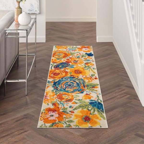 2 ft. x 8 ft. Blue Floral Washable Area Rug