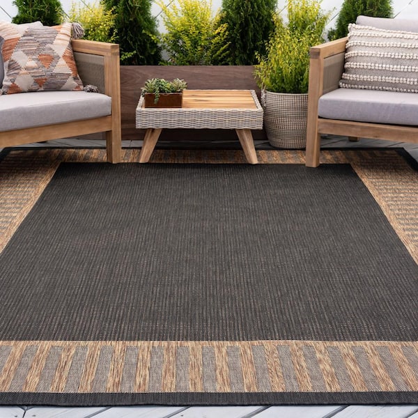 Eco Striped Border Gold 8 ft. x 10 ft. Indoor/Outdoor Area Rug