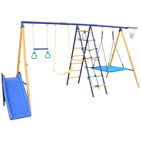 Metal Patio Swing Set with Slide, 2 Swing Seat, 1 Climbing Net, Ladder and 500 lbs. Capacity in Multicolor