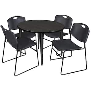Trueno 36 in. Round Ash Grey and Black Wood Breakroom Table and 4-Black Zeng Stack Chairs (Seats 4)