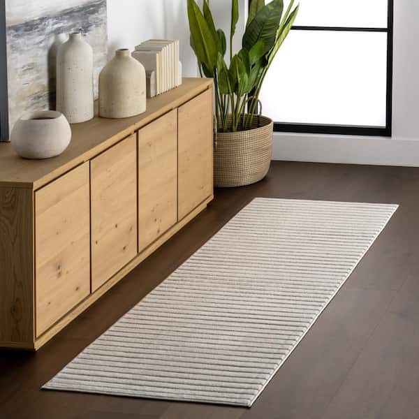 Frenshe Interiors Amasha High-Low Striped Indoor/Outdoor Cream 2 ft. x 8 ft. Indoor/Outdoor Patio Runner Rug