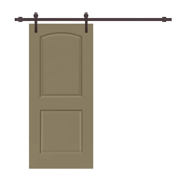 CALHOME 30 in. x 80 in. Olive Green Stained Composite MDF 2-Panel Round Top Interior Sliding Barn Door with Hardware Kit