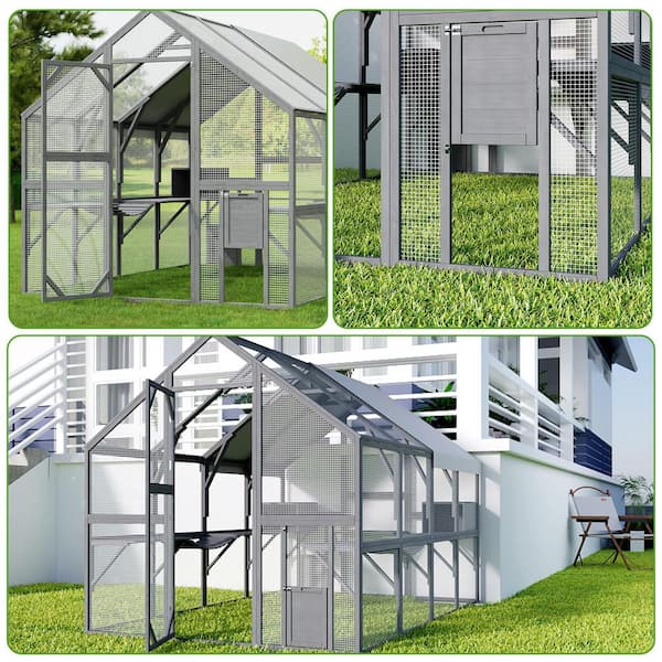 Large Wooden Outdoor Chicken Coop, Cat Run Enclosure Walk in Cat Catio Kitten Condo, Poultry Cage for Yard, Roof Cover