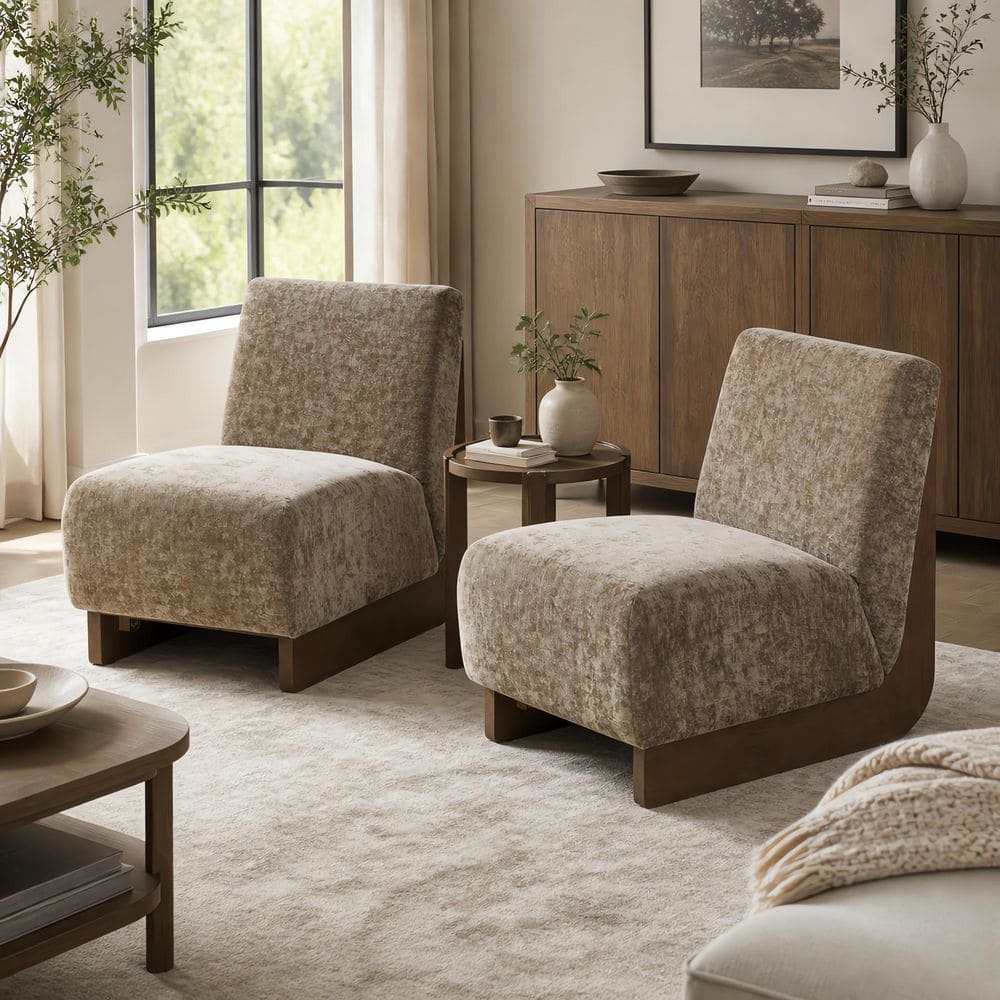 Modern Brown Chenille Upholstered Side Chair with Solid Wood Frame, Set of 2