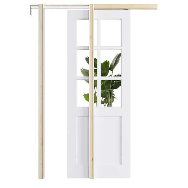 ARK DESIGN 32 in. x 96 in. 6 Lite Clear Glass White Primed MDF Wood Pocket Sliding Door with Pocket Door Frame and Hardware Kit