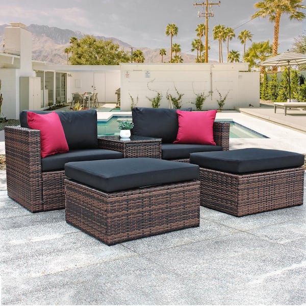 Tenleaf Brown 5 Pieces Wicker Outdoor Sectional Patio Conversation Set with Black Cushions and Tempered Glass Top Coffee Table