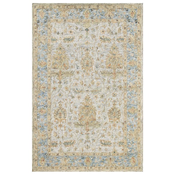 LR Home Ancien Lavaux Blue/Beige 7 ft. 9 in. x 9 ft. 9 in. Oriental Wool Cotton Area Rug