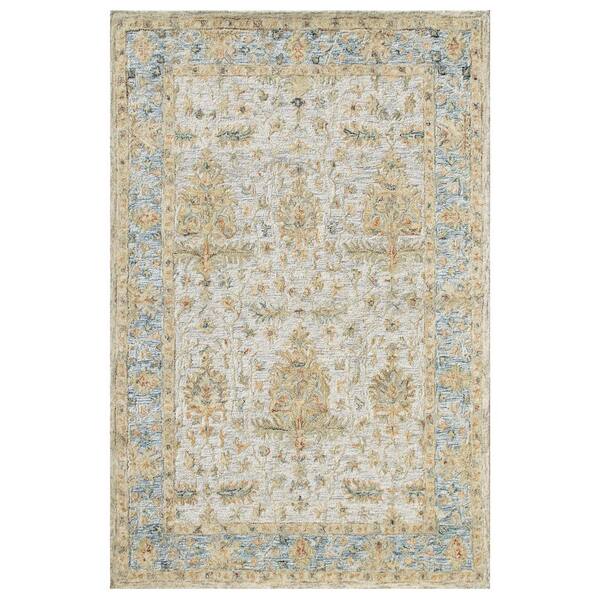 LR Home Glenis Blue/Taupe/Cream 7 ft. 9 in. x 9 ft. 9 in. Traditional Floral Bordered Wool Hand Tufted Area Rug
