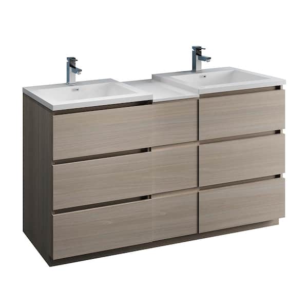 Fresca Lazzaro 60 in. Modern Double Bathroom Vanity in Gray Wood with Vanity Top in White with White Basins